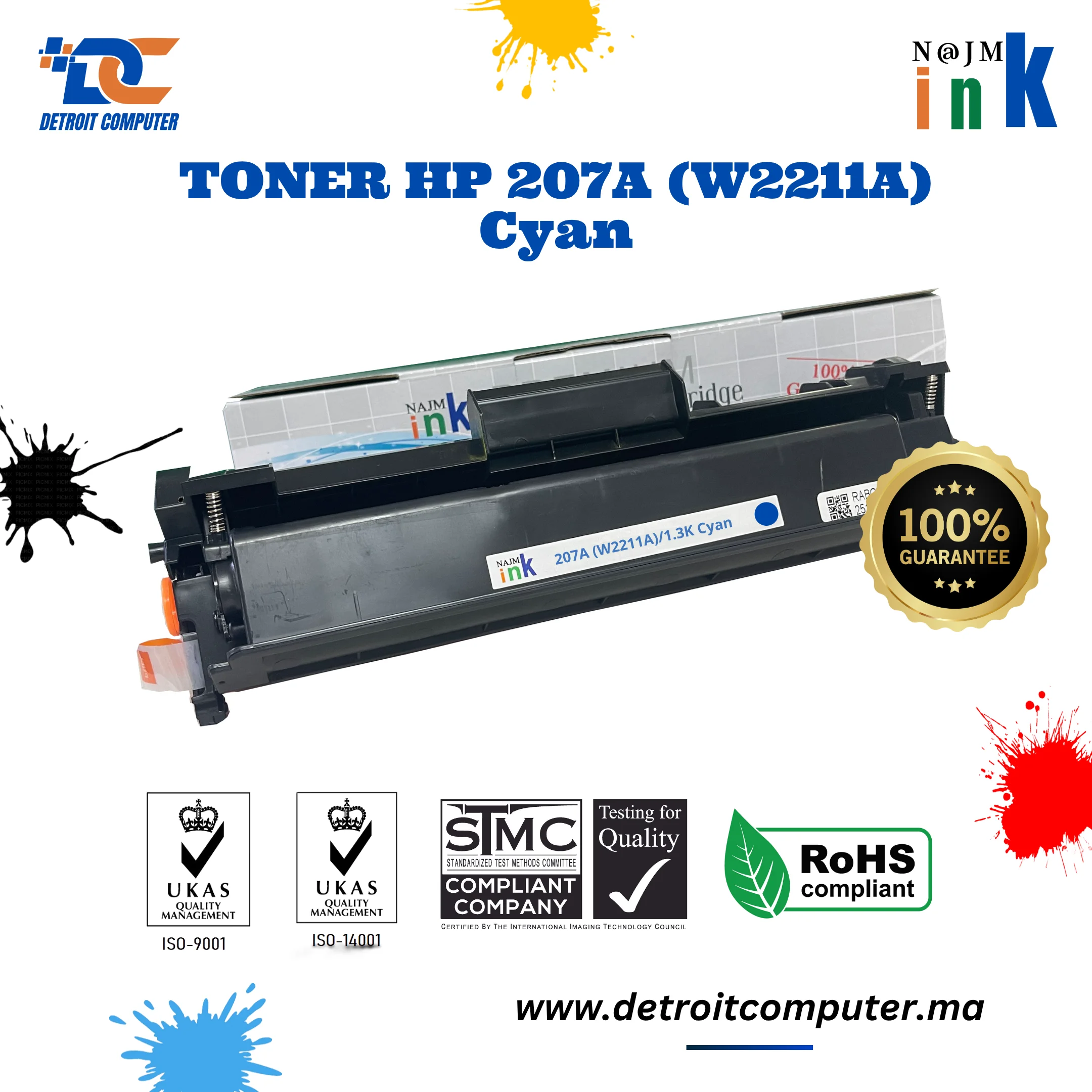 Toner Compatible HP 207A Cyan (W2211A) Avec puce - Najm Ink